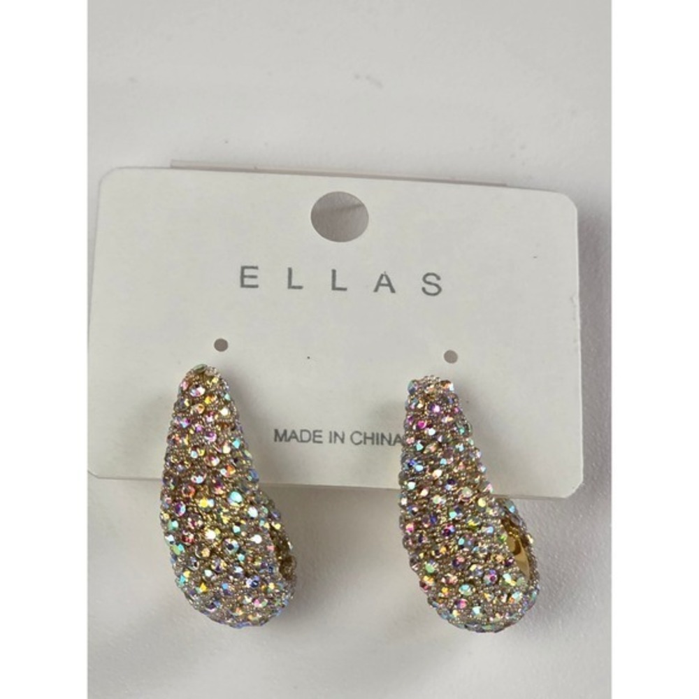Ellas Chunky Hoop Earrings Gold Iridescent New AB Crystal Rhinestone Statement